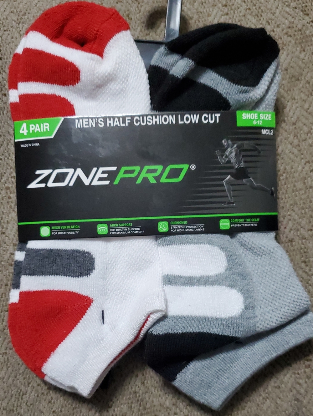 Zone Pro Low Cut Half Cushion Athletic Socks Red, Black, Gray, White 4 Pack